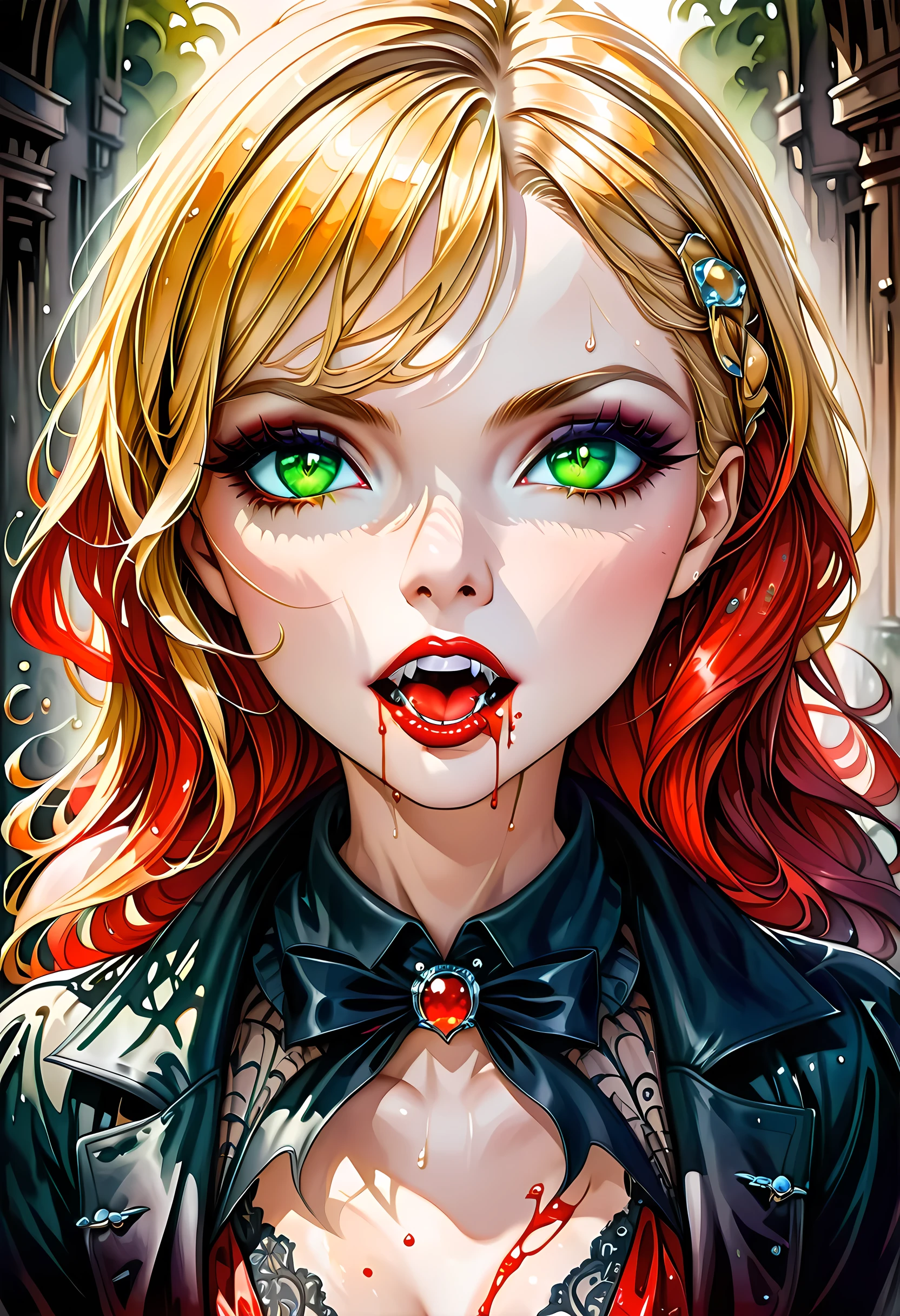 ((a photorealistic portrait of an exquisite, glamour female vampire: 1.5)) , pale face, blond hair, long vibrant shiny hair, glamorous hair, emerald green eyes, deep penetrating eyes, red lips, lustful lips, ((two vampiric fangs: 1.5), drops of blood dripping from the mouth, ((1920's style: 1.5)), (highest quality:1.2, Very detailed, up to date, Vibrant, Ultra-high resolution, High Contrast, masterpiece:1.2, highest quality, Best aesthetics), best details, best quality, highres, ultra wide angle, 16k, [ultra detailed], masterpiece, best quality, (extremely detailed), Genetically modified..., Cinematic Hollywood Film, traditional watercolor painting