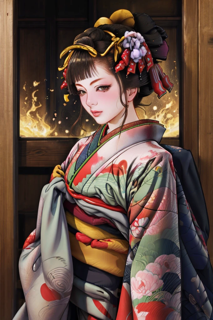 1 Girl, alone, Oiran, Maiko, country, Looking at the audience, short hair, Brown eyes, Brown Hair, Black Hair, hair ornaments, Upper Body, kimono, Blunt bangs, kimono, sash, Compensate, Bob cut hair,
