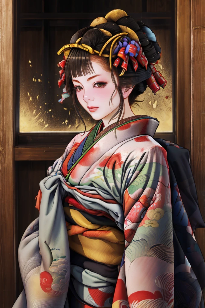 1 Girl, alone, Oiran, Maiko, country, Looking at the audience, short hair, Brown eyes, Brown Hair, Black Hair, hair ornaments, Upper Body, kimono, Blunt bangs, kimono, sash, Compensate, Bob cut hair,