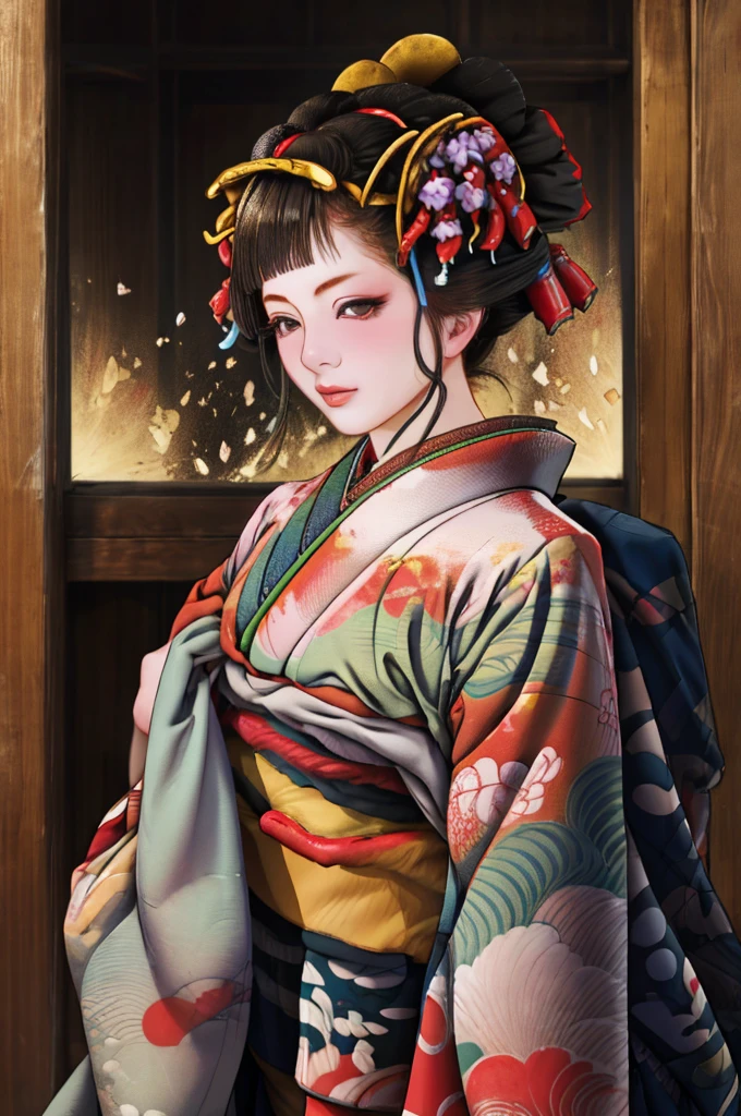 1 Girl, alone, Oiran, Maiko, country, Looking at the audience, short hair, Brown eyes, Brown Hair, Black Hair, hair ornaments, Upper Body, kimono, Blunt bangs, kimono, sash, Compensate, Bob cut hair,