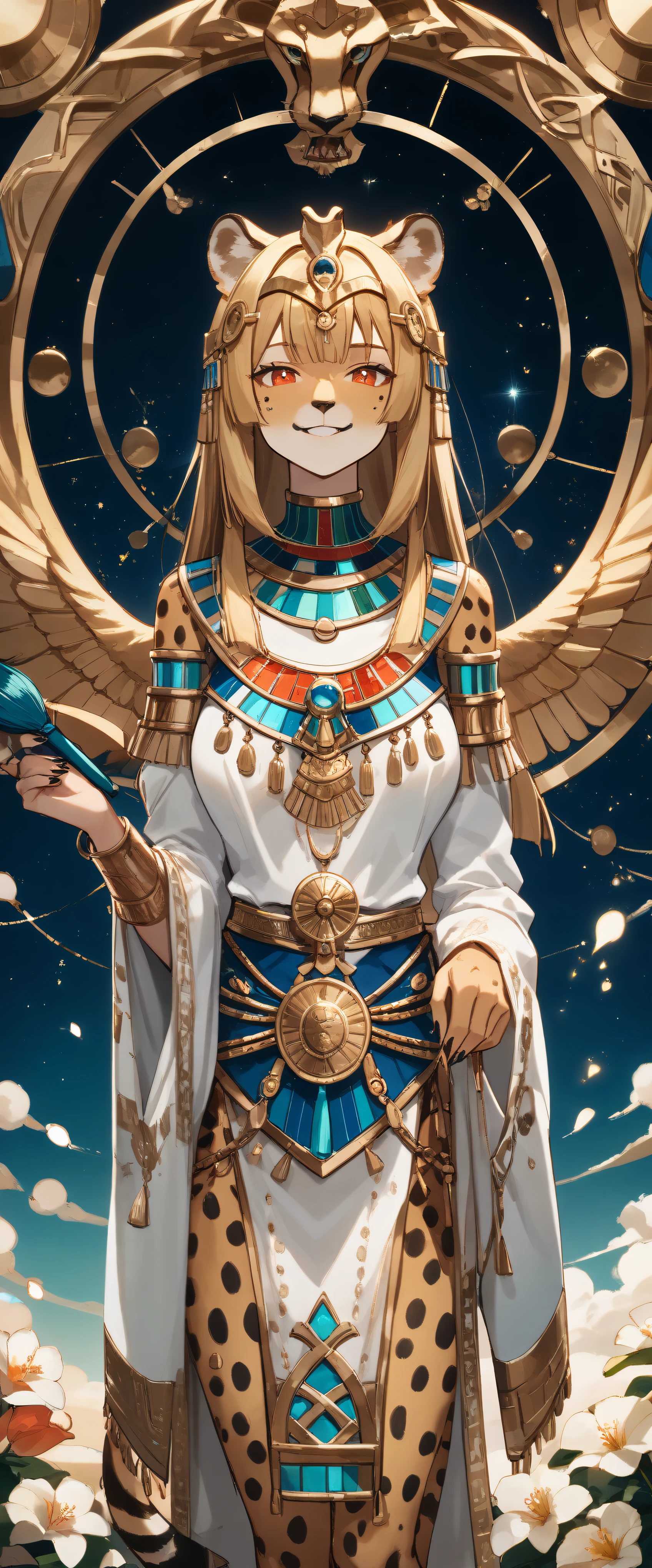 score_9, score_8_up, score_7_up, score_6_up, score_5_up, score_4_up,source_anime, source_furry,rating_safe,Egyptian goddess\(female, Safkhet, Sesat, Seshet, Sesheta, Seshata, Uraeus with flower and star in diadem, (wearing cheetah skin:1.2), holding brush and ink-dish,twinkling star above head\), background\(Egyptian temple\),dynamic angle, BREAK ,quality\(8k,wallpaper of extremely detailed CG unit, ​masterpiece,hight resolution,top-quality,top-quality real texture skin,hyper realisitic,increase the resolution,RAW photos,best qualtiy,highly detailed,the wallpaper,cinematic lighting,ray trace,golden ratio\)