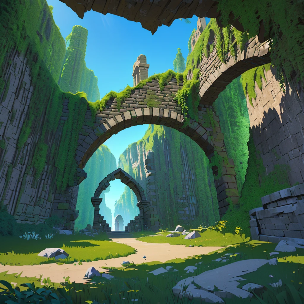 A close-up of a stone arch with grass and rocks, game asset, stone gate to a dark cave, high-quality low-poly art, low-poly 3D model, RPG game environment asset, separated game asset, magical portal gateway, low-poly elements, ruins.


