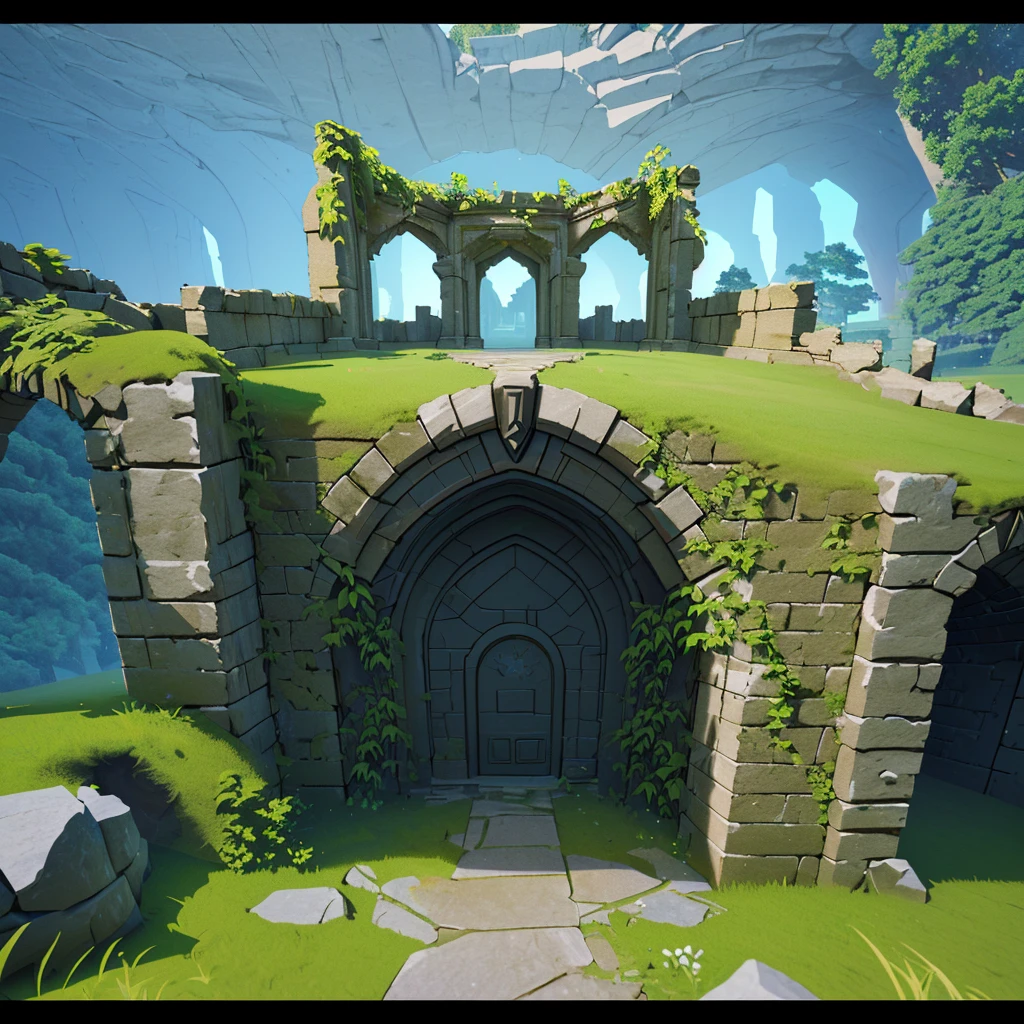 A close-up of a stone arch with grass and rocks, game asset, stone gate to a dark cave, high-quality low-poly art, low-poly 3D model, RPG game environment asset, separated game asset, magical portal gateway, low-poly elements, ruins.


