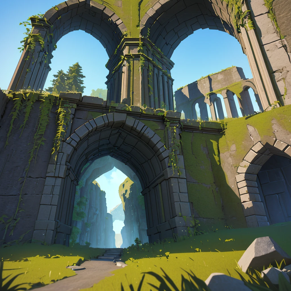 A close-up of a stone arch with grass and rocks, game asset, stone gate to a dark cave, high-quality low-poly art, low-poly 3D model, RPG game environment asset, separated game asset, magical portal gateway, low-poly elements, ruins.


