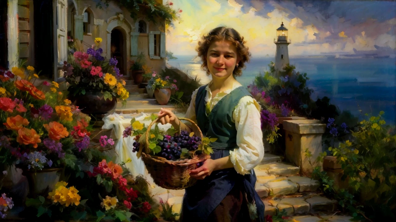oil on canvas, a beautiful young man with resemblance to Mckenna Grace taking a basket of grapes, in front of some stone steps of an old lighthouse, smiling and looking at the camera, landscape of an epic afternoon , many flowers decorate the place, natural lighting, style of william-adolphe bouguereau