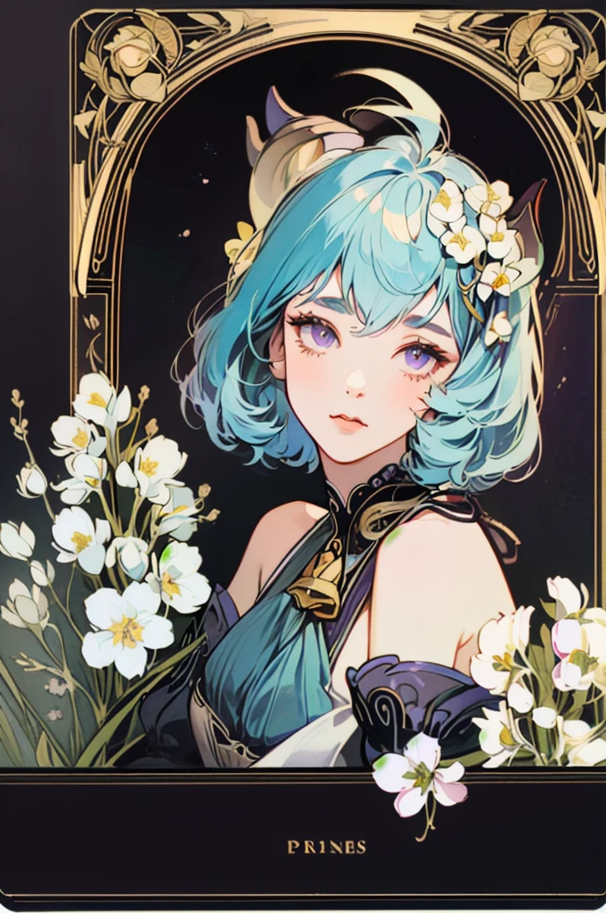 1 girl solo, light blue hair, purple eyes, dark red ram horns, golden bell on her chest, detached white and blue sleeves, bare shoulders, sleeveless black top, black gloves, ((portrait face closeup)) Vintage Victorian style, Precise vintage encyclopedia (best quality:1.2), (detailed:1.2), (masterpiece:1.2), vintage botanical illustration, (((white flowers Diphylleia grayi)))