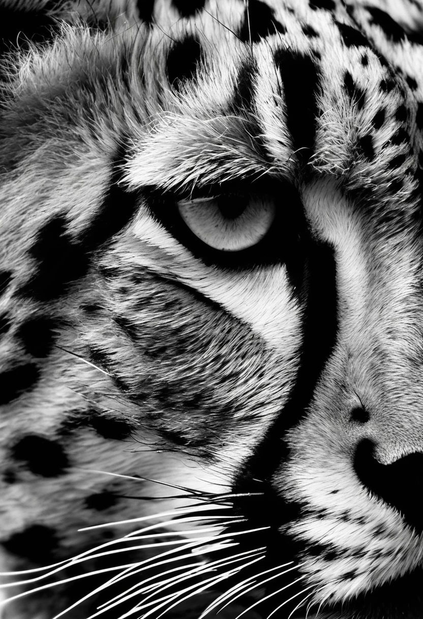 Cheetah Close-up，Sharp eyes，Black and White