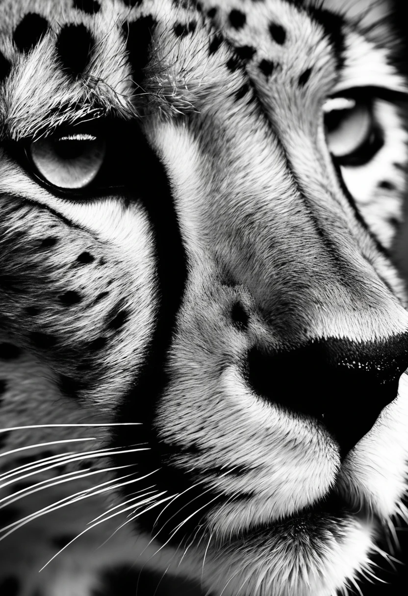 Cheetah Close-up，Sharp eyes，Black and White