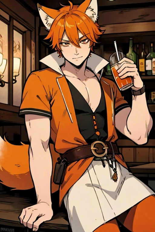 An orange haired fox man with orange eyes and orange fox ears and an orange fox tail in a pirate's outfit is drinking at a bar in a pirate city