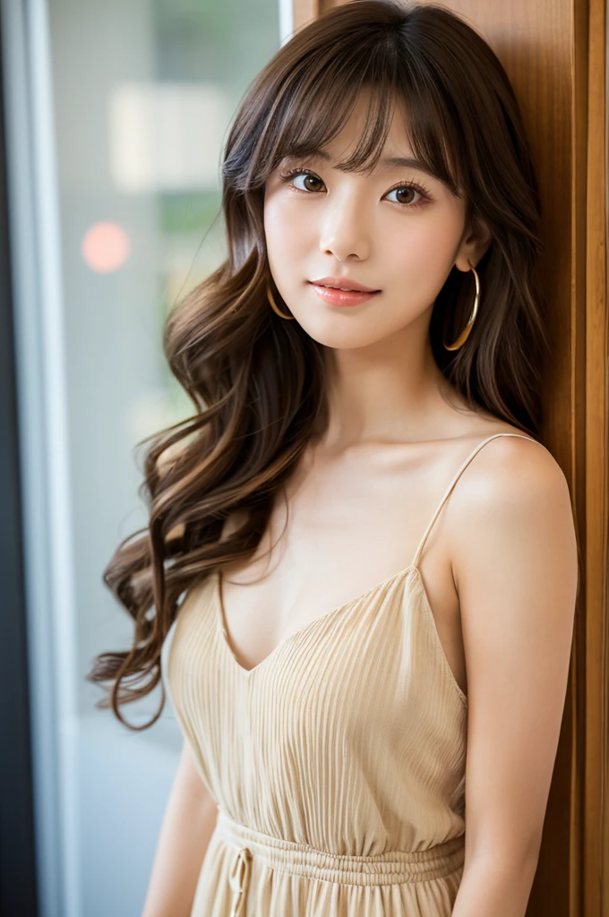 Apartment hallway,Hairdresser,((full body)),((photo)),((best qualtiy, 8K, tmasterpiece:1.3)), Focus:1.2, perfect figure beautiful girl:1.4,1girl,cowboy shot,look at viewer,incredibly absurd, beautiful and cute girl with a photorealistic face, showcasing top-quality craftsmanship, A Japanese woman standing in front of the door to her apartment, 23 years old, short hair, bangs straight above her eyebrows in a simple bang, soft waves, light brown hair, fair skin, clear skin, baby face, round double eyelids, light brown eyes, long upturned eyelashes, small straight nose, small mouth, plump lips, beautiful teeth, dimples, soft skin, , delicate, plump, A-cup small , beige loose silhouette dress, brown sandals, small gold earrings and necklace, cigarette, beautiful girl, pure, soothing, husky voice, calm, curious, laid-back, April