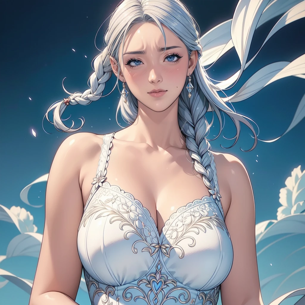 (best quality, masterpiece:1.2), white hair, blue eyes, upper body, luxurious background, 1 girl, flowing hair, detailed braids, glowing skin, elegant dress, soft lighting, vibrant colors, ethereal atmosphere, delicate flowers, graceful pose, dreamlike scenery, enchanting expression, intricate lace, intricate jewelry, shimmering highlights, magical ambiance, surrealistic elements, captivating gaze, wisps of smoke, fine brushstrokes, rich textures, ornate details, mystical aura, surreal beauty, exquisite craftsmanship, enchanting charm, alluring presence, enchanting smile, delicate features, serene tranquility, whimsical foliage, artistic strokes