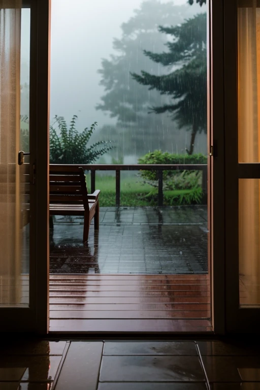 A scene of rain falling lightly，Emotional，dawn，View from inside the house looking out，The length and width are 1:2