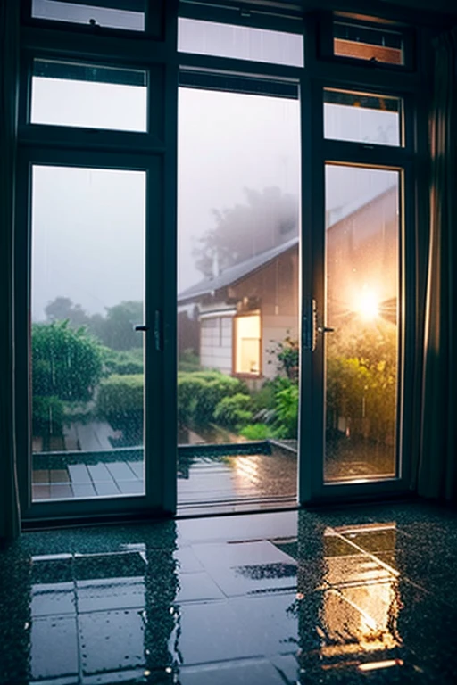 A scene of rain falling lightly，Emotional，dawn，View from inside the house looking out，The length and width are 1:2