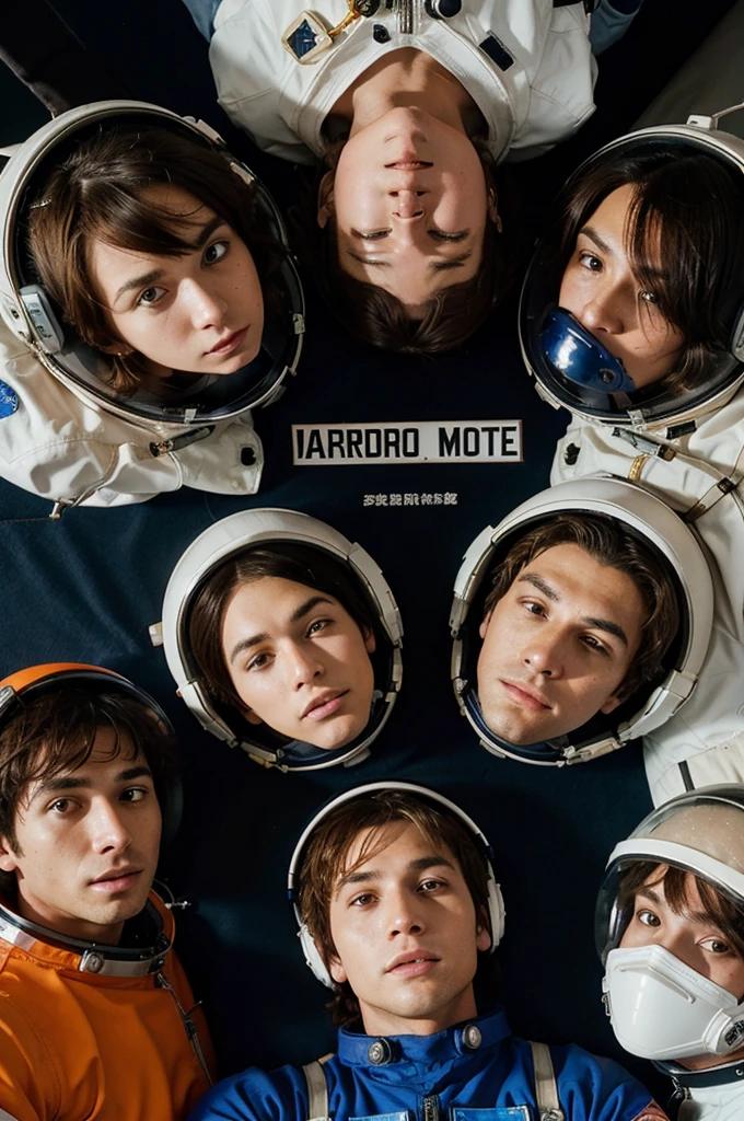 Anime 5 men wearing astronaut suits, and in the middle of the astronaut suits there is the word VERONICA, 1 messy-haired man, and 5 other men with their heads wearing helmets and covered by shadows 