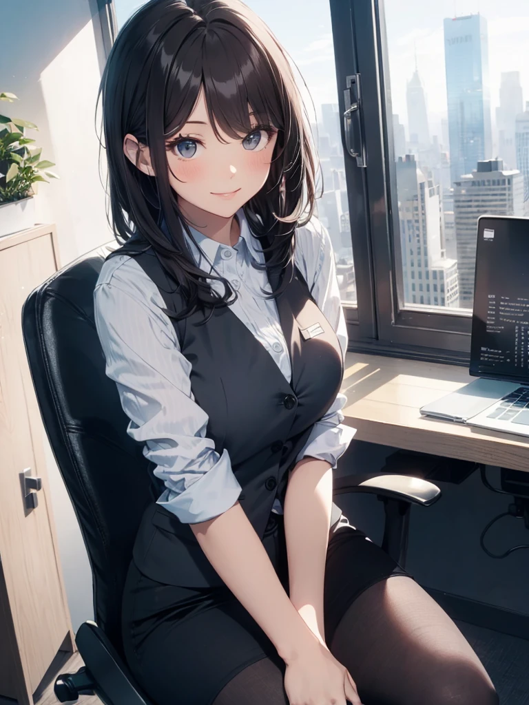 1lady sitting (crossed legs), office worker (stylish outfit), (gray vest) (pencil skirt), mature female, /(dark brown hair/) bangs, blush kind smile, (masterpiece best quality:1.2) delicate illustration ultra-detailed, large breasts, pantyhose BREAK (modern office indoors), window cityscape, detailed background