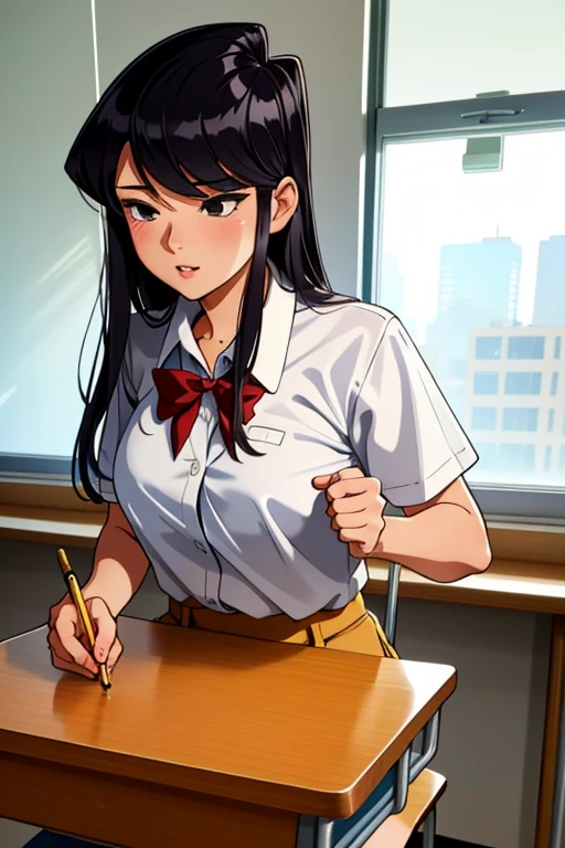 (masterpiece, best quality), intricate details, 1girl, komi_shouko, white shirt, classroom,