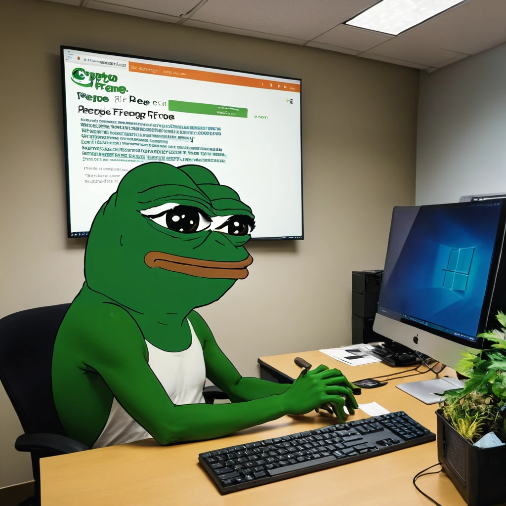 in the office working on the computer, building a website crypto (((pepe_frog))), 1 boy