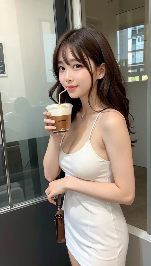 high resolution、Transparency、Brown Hair、Curly Hair、A woman wearing a white transparent dress is drinking coffee alone at a cafe。The mouth is smiling