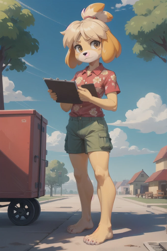 isabelle \(animal crossing\), furry, yellow skin, ((red floral shirt, cargo shorts)), tail, looking at viewer, serious, standing, outside, plaza, holding clipboard, trees, blue sky, high quality, masterpiece, feets with three toes, 3 toes, barefoot, full body, 