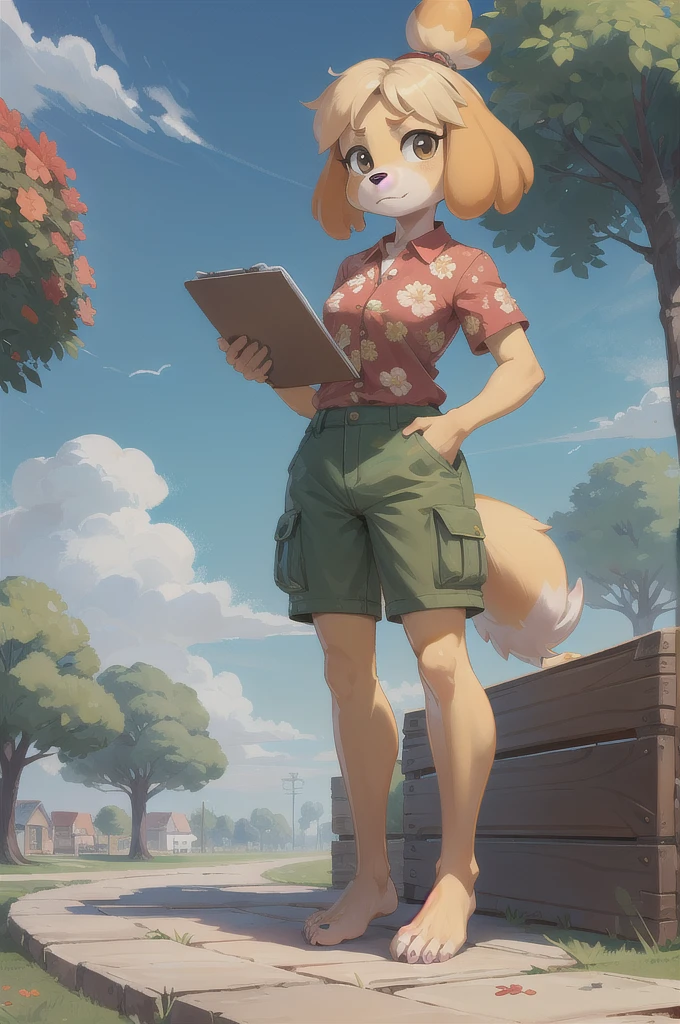 isabelle \(animal crossing\), furry, yellow skin, ((red floral shirt, cargo shorts)), tail, looking at viewer, serious, standing, outside, plaza, holding clipboard, trees, blue sky, high quality, masterpiece, feets with three toes, 3 toes, barefoot, full body, 