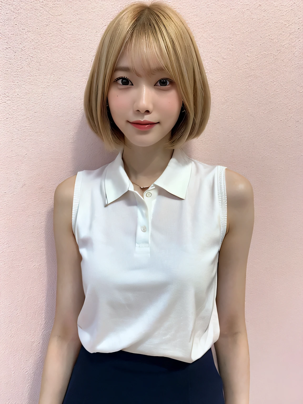 One person、、Blonde、、Full body photo、slender、woman、White drool coming out of the mouth、smile、Short Bob Cut、 Fair skin, messy hair, super cute、Soft and Face、8K resolution、Surreal、Ultra high definition、 A-cup small breasts（（Highest resolution、8K、masterpiece：1.3））、Ultra-fine face、Ultra Fine Lips、Beautiful Eyes、double eyelid,Pink wall、Sleeveless white polo shirt、Navy Blue Skirt、Thighs、thin,Thighsが見える、Shapely small breasts、