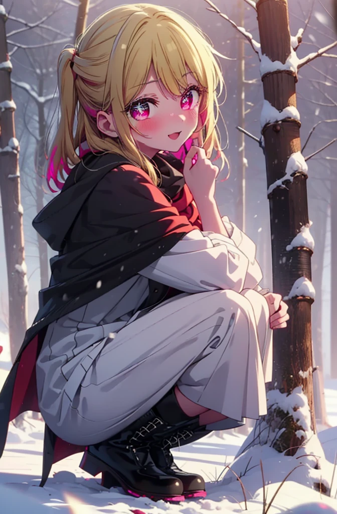 rubyhoshino, Hoshino Ruby, Long Hair, bangs, Blonde, (Pink Eyes:1.3), Side Lock, (Symbol-shaped pupil:1.5), Multicolored Hair, Two-tone hair, smile,,smile,blush,White Breath,
Open your mouth,snow,Ground bonfire, Outdoor, boots, snowing, From the side, wood, suitcase, Cape, Blurred, , forest, White handbag, nature, Squat, Mouth closed, Cape, winter, Written boundary depth, Black shoes, red Cape break looking at viewer, Upper Body, whole body, break Outdoor, forest, nature, break (masterpiece:1.2), Highest quality, High resolution, unity 8k wallpaper, (shape:0.8), (Beautiful and beautiful eyes:1.6), Highly detailed face, Perfect lighting, Highly detailed CG, (Perfect hands, Perfect Anatomy),