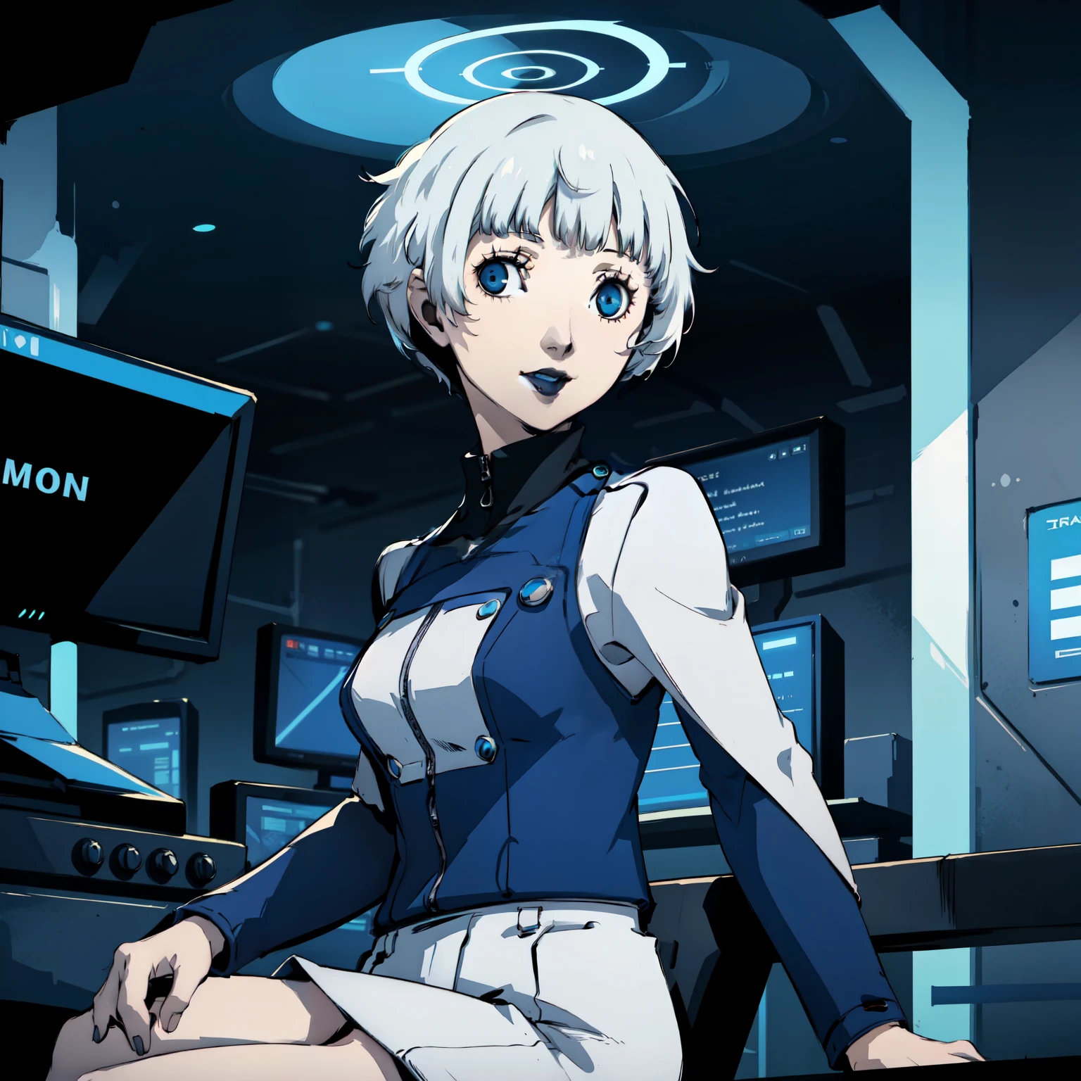 masterpiece, ((best quality)),((1 girl)), blue eyes, black lipstick, white hair, female , tomboy Pixie haircut, deep blue suit, white hair, white hair,smiling,hacker,in the,dark room,sitting,looking monitor,sexy
