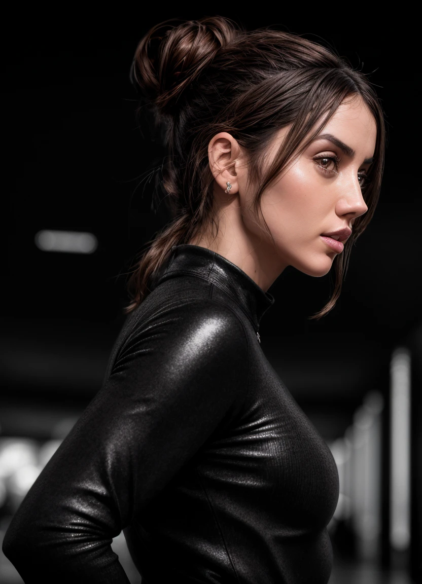 anamr, shopping mall, messy hair, bun, realistic, perfect skin, looking at viewer, full body, black acoaL leggings, glow effects, godrays, dark atmosphere, 4k ultra detailed, cinematic, Sharp focus, concept art, trending on artstation