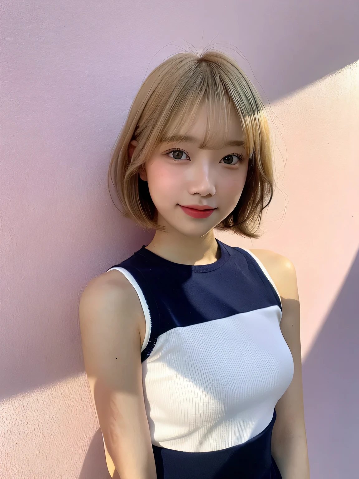 One person、12 years old、Blonde、、Full body photo、slender、woman、White drool coming out of the mouth、smile、Short Bob Cut、 Fair skin, messy hair, super cute、Soft and Face、8K resolution、Surreal、Ultra high definition、 A-cup small breasts（（Highest resolution、8K、masterpiece：1.3））、Ultra-fine face、Ultra Fine Lips、Beautiful Eyes、double eyelid,Pink wall、Sleeveless white polo shirt、Navy Blue Skirt、Thighs、thin,Thighsが見える、Shapely small breasts、