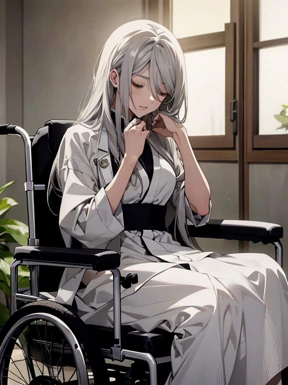 (Confused, High resolution, Very detailed), 1 female, Silver Hair,Long Hair,,White patient gown,,Appearance of the injury,24th generation,beauty,mature,thin,quiet,Calm,Sitting in a medical wheelchair,右腕にbandageをしている,hospital,I was injured,bandage,tired,Stagnation,Stagnation困憊,decoction,車いすの背凭れに後頭部を預けてsleep,sleep,Sitting