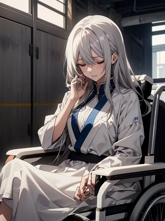 (Confused, High resolution, Very detailed), 1 female, Silver Hair,Long Hair,,White patient gown,,Appearance of the injury,24th generation,beauty,mature,thin,quiet,Calm,Sitting in a medical wheelchair,右腕にbandageをしている,hospital,I was injured,bandage,tired,Stagnation,Stagnation困憊,decoction,車いすの背凭れに後頭部を預けてsleep,sleep,Sitting