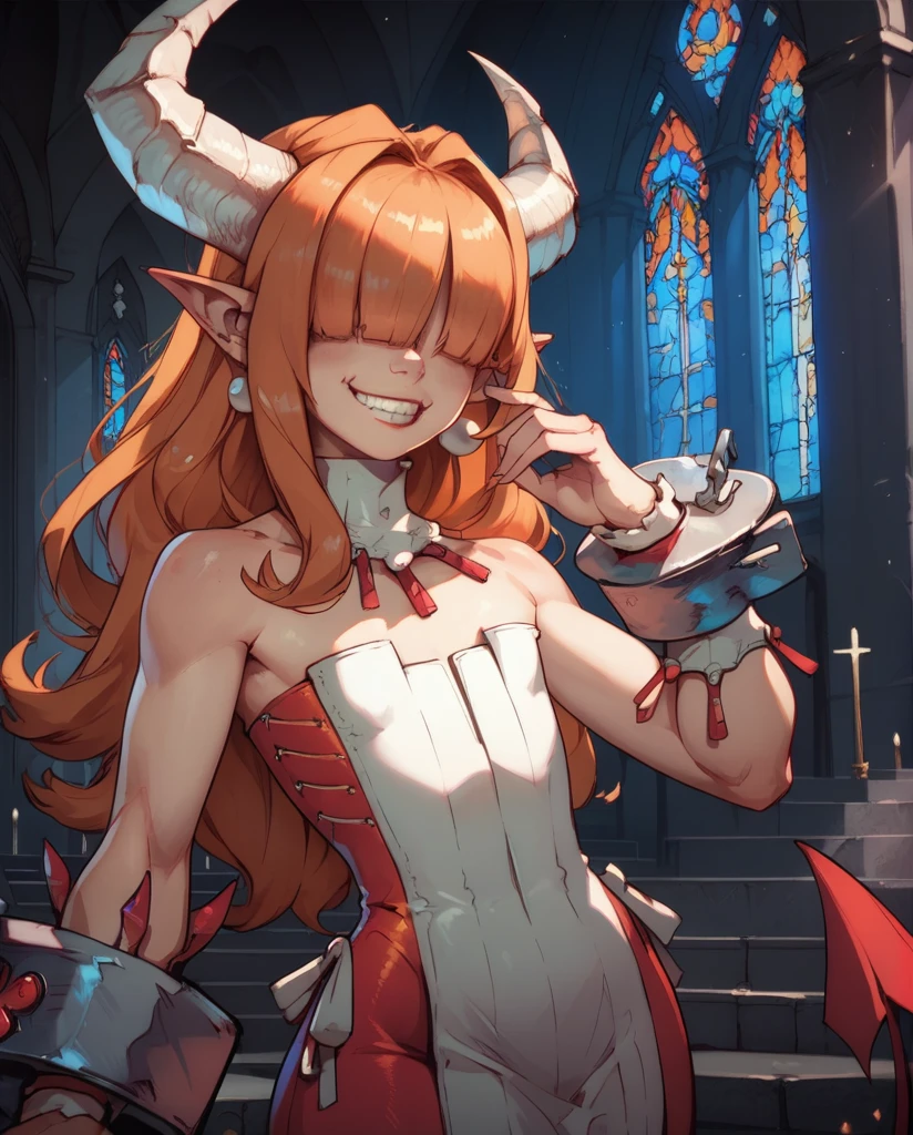 score_9,score_8_up,score_7_up,
Clergyxl,pointy ears,hair over eyes, orange hair flat chest,smile,teeth,long hair,hips,
bare shoulders, light pink strapless dress,pearl earrings,wrist cuffs,wristband,neck brace, horns, corset, church,underworld,