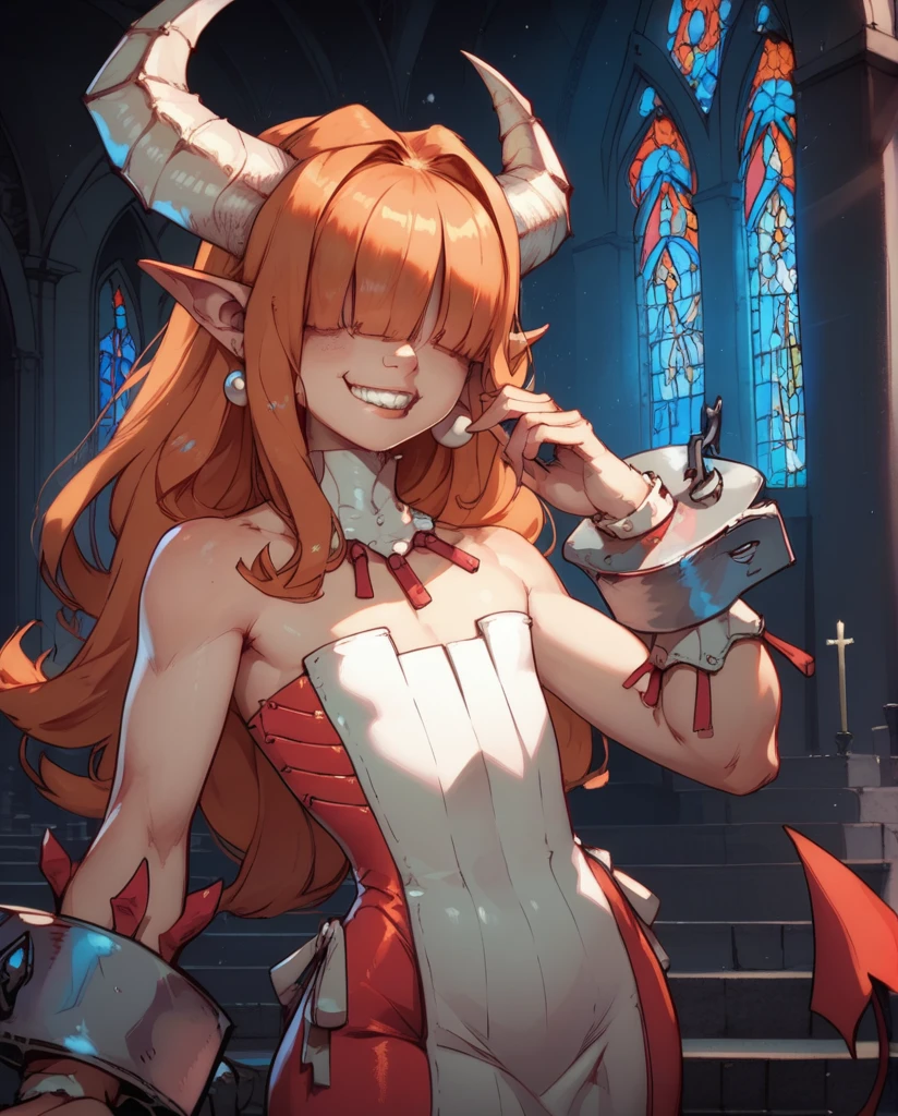 score_9,score_8_up,score_7_up,
Clergyxl,pointy ears,hair over eyes, orange hair flat chest,smile,teeth,long hair,hips,
 shoulders, light pink strapless dress,pearl earrings,wrist cuffs,wristband,neck brace, horns, corset, church,underworld,