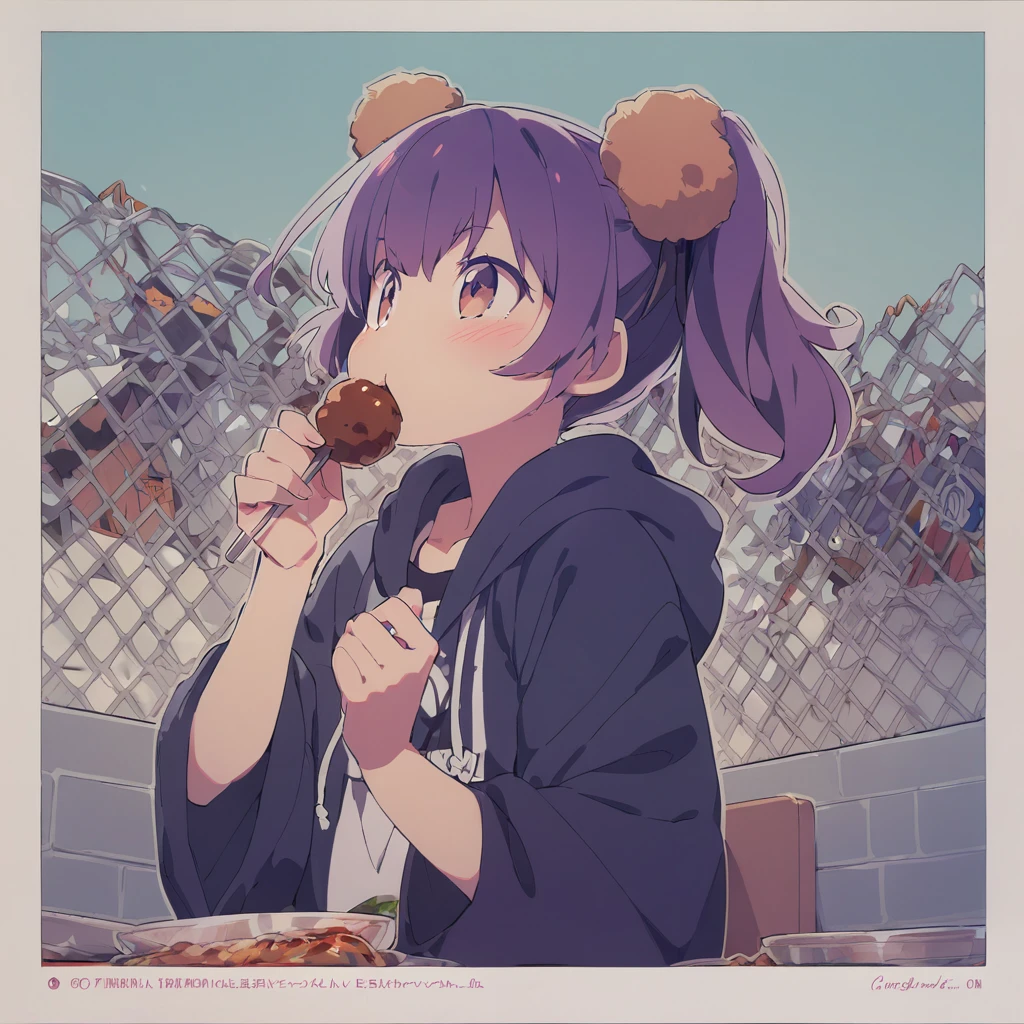 A eating a meatball skewer