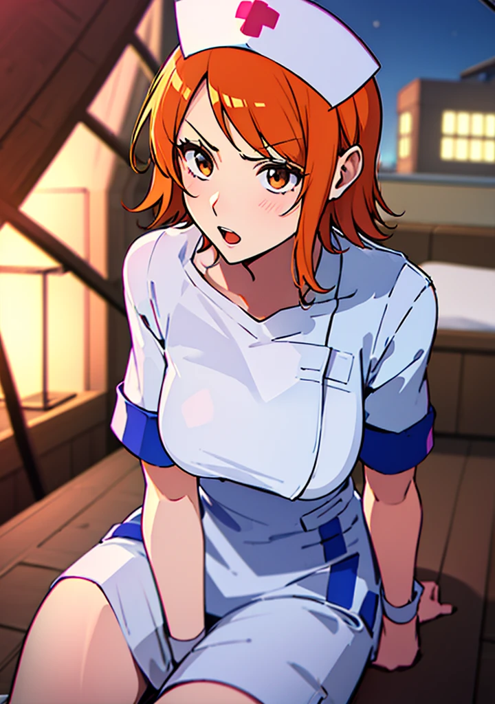 we (one piece), short hair, 1 Girl, Orange Hair, Orange eyes, clavicle, nurse, Bedroom, Boat, skirt, Serious expression, White nurse Clothes, nurse, nurse Cap, Open your mouth