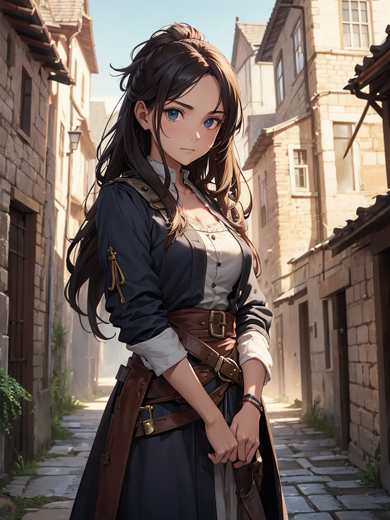(masterpiece、top-quality、hight resolution), Depict an uneducated female thief in a medieval setting. She has a scruffy appearance with tattered clothes and a mischievous grin. Her hair is messy and unkempt, and she carries a small dagger tucked into a worn leather belt. She stands in a dimly lit alley, with old stone buildings and market stalls in the background. Her posture is alert and ready, as if prepared to dart away at any moment.