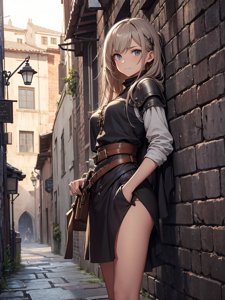 (​masterpiece、top-quality、hight resolution), Depict an uneducated female thief in a medieval setting. She has a scruffy appearance with tattered clothes and a mischievous grin. Her hair is messy and unkempt, and she carries a small dagger tucked into a worn leather belt. She stands in a dimly lit alley, with old stone buildings and market stalls in the background. Her posture is alert and ready, as if prepared to dart away at any moment.