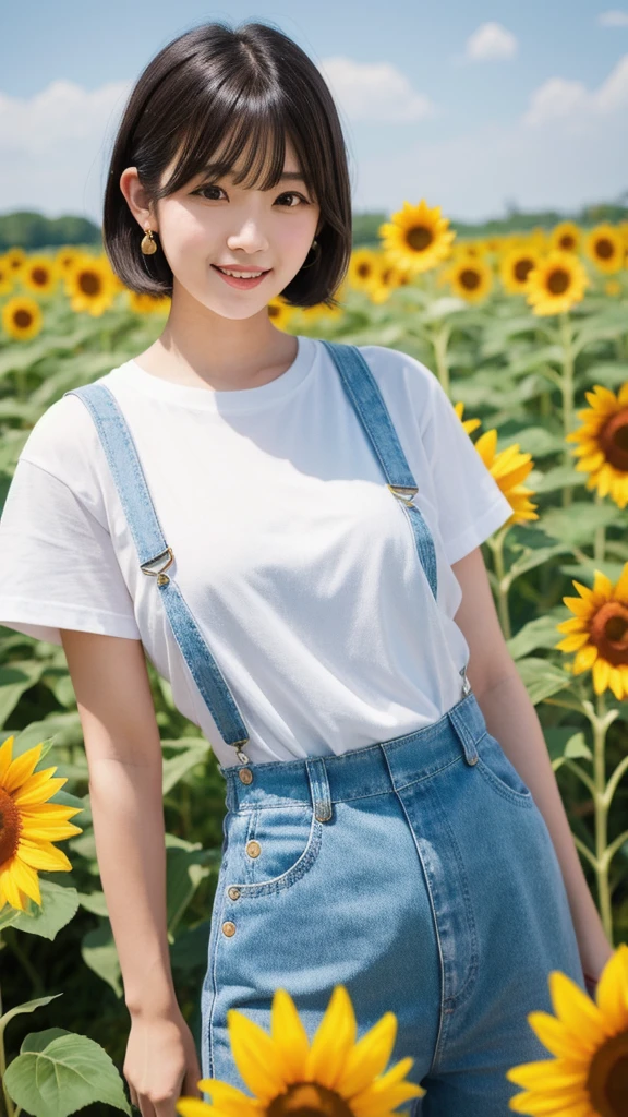 (8K, Realistic, RAW Photos, Highest quality: 1.4),Japanese idol-style beautiful girl,1 person,18-year-old,Hairstyle(Short Bob,White :1.4),She has her hair tucked behind her ears,My hair is blowing in the strong wind,Large, clear grey eyes,Long eyelashes,She has small piercings in her ears,Plump Cheeks,Fuller lips,White T-shirt,Long overalls,The hem is folded,shoes,Sunflower field,Smiling at the camera,Front view,Full body portrait