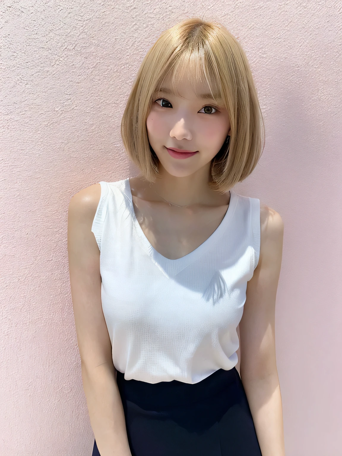 One person、12 years old、Blonde、、Full body photo、slender、woman、White drool coming out of the mouth、smile、Short Bob Cut、 Fair skin, messy hair, super cute、Soft and Face、8K resolution、Surreal、Ultra high definition、 A-cup small breasts（（Highest resolution、8K、masterpiece：1.3））、Ultra-fine face、Ultra Fine Lips、Beautiful Eyes、double eyelid,Pink wall、Sleeveless white polo shirt、Navy Blue Skirt、Thighs、thin,Thighsが見える、Shapely small breasts、