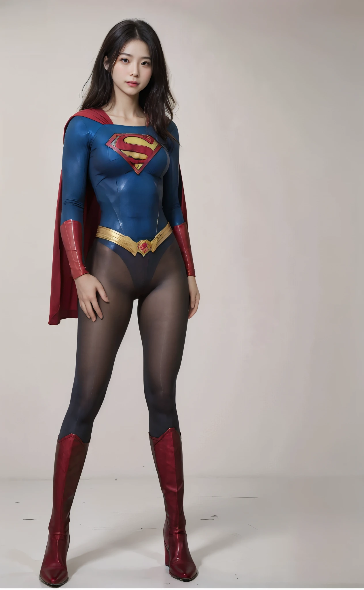No background、(((Beautiful legs in black tights.)))、(((Legally express the beauty of your smile)))、((((Make the most of your original images)))、(((Body-hugging Supergirl costume)))、(((Supergirl Costume)))、(((Beautiful Hair)))、(((suffering)))、(((Please wear black tights....、Wear red boots)))、((Best image quality、8K))、((Highest quality、8K、masterpiece:1.3))、(((Preserve background )))、Sharp focus:1.2、Beautiful woman with perfect figure:1.4、Slim Abs:1.2、Wet body:1.5、Highly detailed face and skin texture、8K