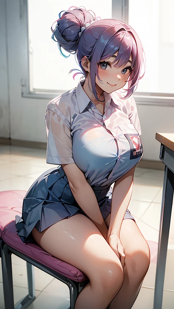 1 woman, , (updo, pink and blue hair), plump body, black eyes, Indonesian high-school uniform, (wearing transparent white shirt, show bra), osis logo on shirt pocket, huge breasts, light-grey pleated skirt, sitting on a chair, seductive pose, full body shot, side view, smiling, in the classroom.