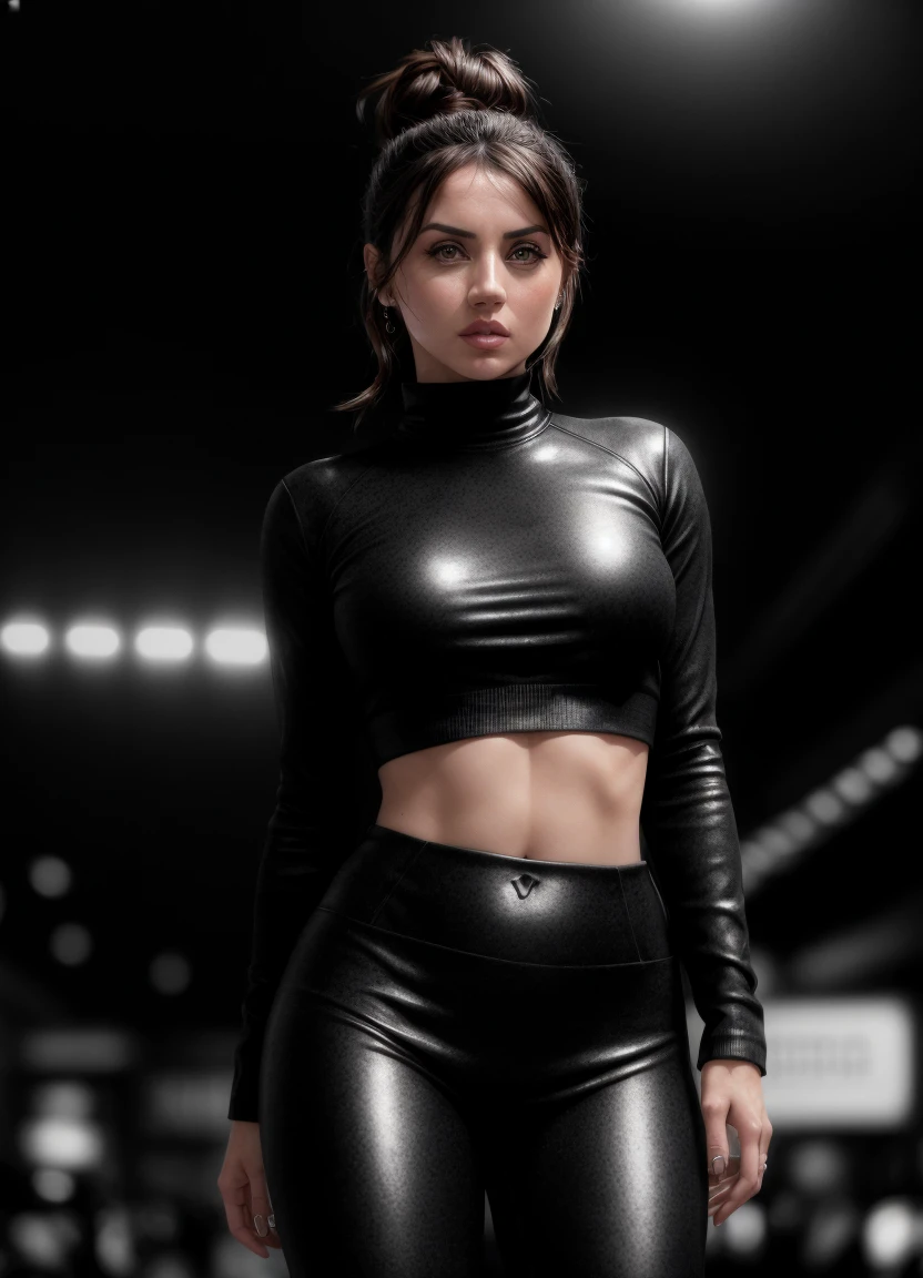 anamr, shopping mall, messy hair, bun, realistic, perfect skin, looking at viewer, full body, black acoaL leggings, glow effects, godrays, dark atmosphere, 4k ultra detailed, cinematic, Sharp focus, concept art, trending on artstation