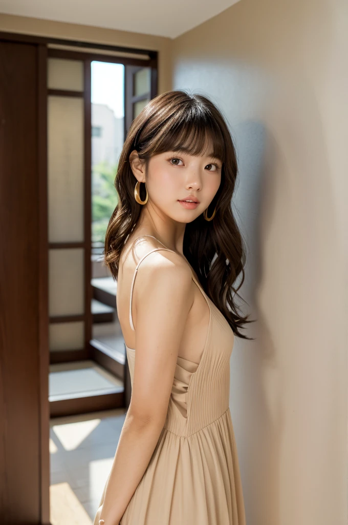 Apartment hallway,Hairdresser,((full body)),((photo)),((best qualtiy, 8K, tmasterpiece:1.3)), Focus:1.2, perfect figure beautiful girl:1.4,1girl,cowboy shot,look at viewer,incredibly absurd, beautiful and cute girl with a photorealistic face, showcasing top-quality craftsmanship, A Japanese woman standing in front of the door to her apartment, 23 years old, short hair, bangs straight above her eyebrows in a simple bang, soft waves, light brown hair, fair skin, clear skin, baby face, round double eyelids, light brown eyes, long upturned eyelashes, small straight nose, small mouth, plump lips, beautiful teeth, dimples, soft skin, , delicate, plump, A-cup small breasts, beige loose silhouette dress, brown sandals, small gold earrings and necklace, cigarette, beautiful girl, pure, soothing, husky voice, calm, curious, laid-back, April