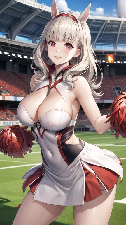 1 female cheerleader,One Man,White shirt,Red Skirt,White socks,Dual Horsetail,(plum:1.3),smile,Dynamic Pose,Cheerleader pom-poms in hand,(Stadium:1.5)、Cleavage close-up、Raw photo, Highest quality, High resolution, (masterpiece), (Photorealistic:1.4),Sharp focus, Hmph, 8K resolution, Intricate details, Depth of written boundary, Highly detailed CG Unity 8k wallpaper, Front light,