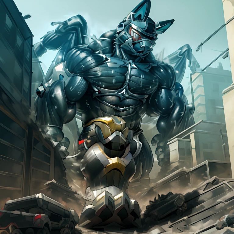 (masterpiece. official art. 8k. best quality. detailed full body. full body.)
(situation 1 : dominating LUCARIO.  Height 1800m.)

(Additional details 1: wearing a full-face helmet. helmet is jet black. The color of NANOSUIT is jet black. high-tech bio-mecha armor. real texture material. whole body shines like metal. Wearing cyberpunk mecha. emphasizes the muscles. suit fully made of metal. intricate armor. Robotic suit. suit fully made of metal. NANOSUIT with the same design as LUCARIO.). (Lucario has 5 toes.)

(Additional details 2: (Detailed head. Detailed Body. Detailed abs. gigantic muscles. HYPER MUSCLES. Gigachad Muscular. big muscle. pecs. triceps. traps. unusually developed muscular body. body full of huge muscles. showing off muscles. pectorales enormes. Exaggeratedly huge muscles. huge muscles. long legs.).

(Additional details 3: nj5furry, Spread wings. It has wings. black have big wings. The claws are sharp. Sharp teeth.5 toes.).  (Additional details 4: black color hyper penis. hyper black penis. big penis) (Additional details 5 : Spraying hyper cum up everywhere into the sky from his erect penis. wide spray of cum, covered in cum, cum splashing in front of camera, bukkake, earth is under a thick later of cum.) He is laughing defiantly.