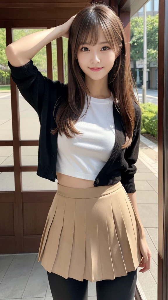 masterpiece, Highest quality, Very detailedな, 複雑に詳細なVery detailedな, Realistic, Sharp features, Very detailed, Sharp focus, Perfect Face, Perfect Face, Perfect symmetry and perfect eyes, Perfect Plump Lips, Flexible female form, Cinematic, Film Light, Very detailedな, hyper Realistic, High resolution, smile, Happy, Light brown hair, Asymmetrical Hair, Asymmetrical bangs, Messy Hair, Attractive pose, skinny idol carving, idol carving, Pleated skirt, close, (Wearing clothes:1.3), Natural light, Black leggings, Roll up your skirt, Dynamic pose,