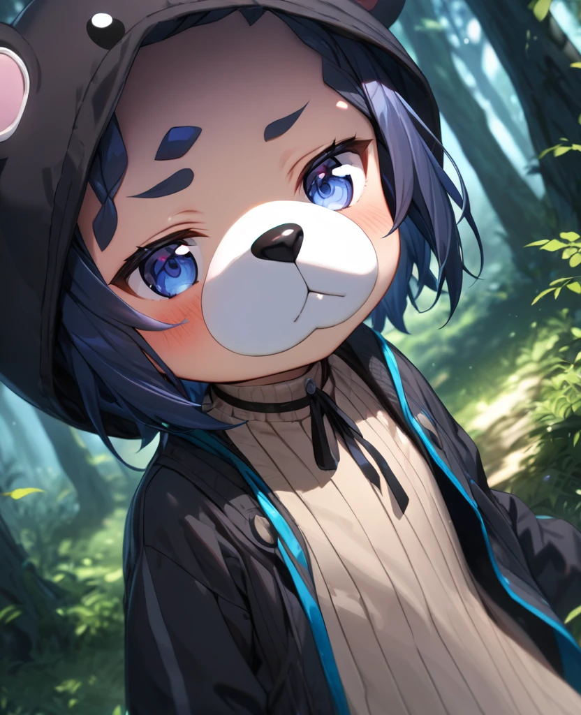 (best quality, masterpiece, ultra high-resolution, ultra-detailed: 1.2), one girl wearing a bear-mascot costume,in the forest,
BREAK.(tween,detailed face,(darkblue hair,wavy-short hair),parallel eyebrows),shiny skin,