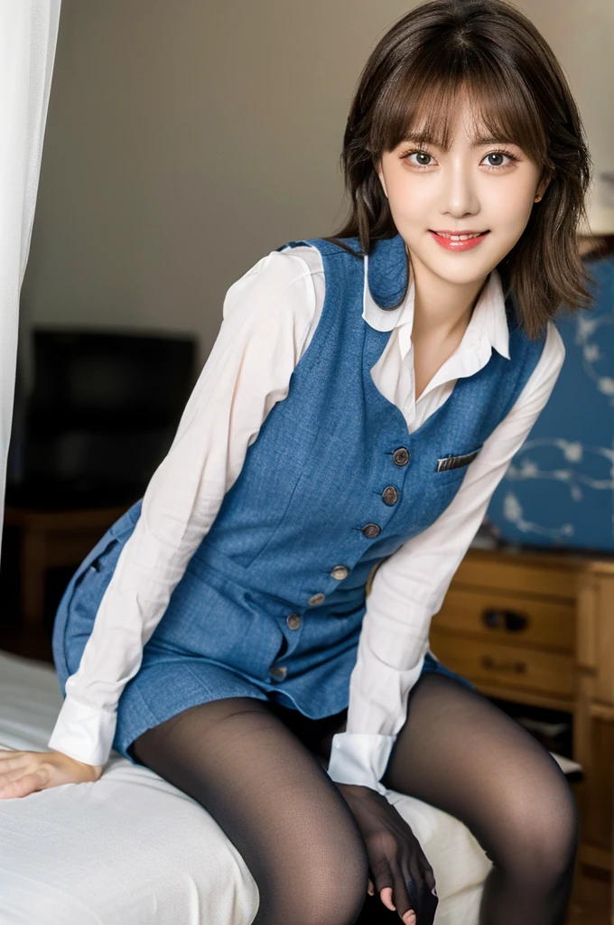 Ulchan-6500-v1.1, (RAW photo:1.2), (Photoreal), beautiful detailed girl, (genuine: 1.4), very detailed目と顔, beautiful and detailed eyes, Mr.々patterned vest、((sit with feet together:1.3))、(super realistic pantyhose:1.2), (high heels)、((business services))、(very affectionate smile:1.2)、huge file size, High resolution, very detailed, highest quality, [masterpiece:1.6], enlightenment, very detailed, finely, highest quality, 8k wallpaper, movie lighting, 1 girl, 26 years old, perfect body shape, cute droopy eyes、beautiful big eyes、highest quality, 1 girl, eye shadow, Upper body, portrait, ((full body shot:1.3))、