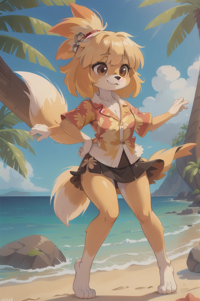 Furry girl, Isabelle, brown eyes, yellow body fur, white body fur, black nose, yellow hair, spread bangs, full body, detailed body fur, detailed body, detailed eyes, glistering body, shiny body, gorgeous body, masterpiece, feets whit three toes, ((red hawaiian shirt, white skirt)), beach, clear sky,