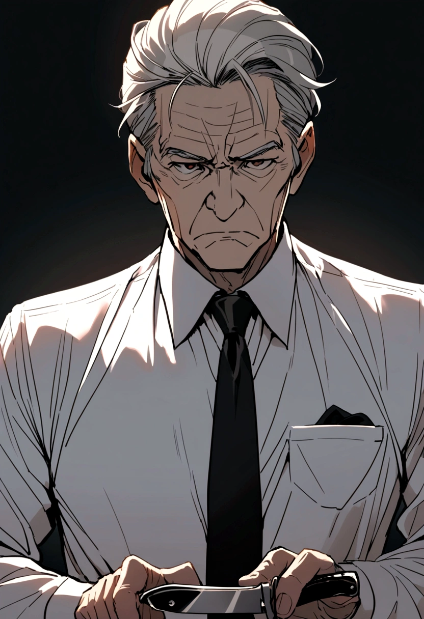 69 year old man wearing white shirt and black tie holding a pocket knife